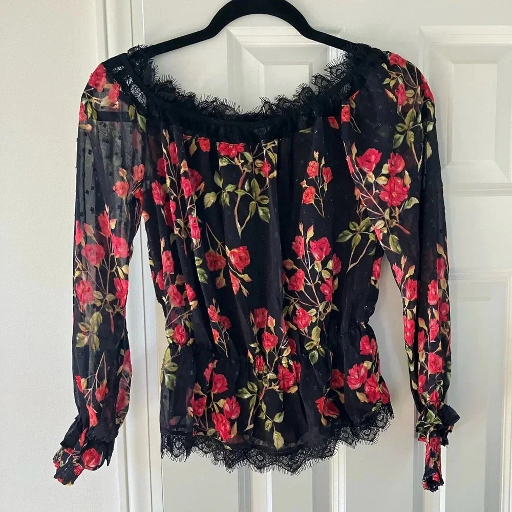 NWT NBD Black & Red Floral Semi-sheer Dylan Off-the-shoulder top with Lace XS - Picture 4 of 7